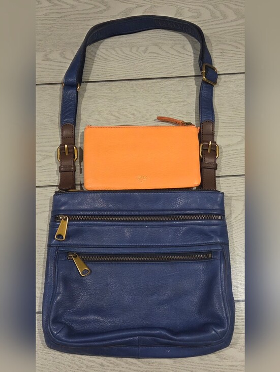 Fossil Handbags - Fossil Blue Leather Crossbody Bag with Orange Fossil Wallet